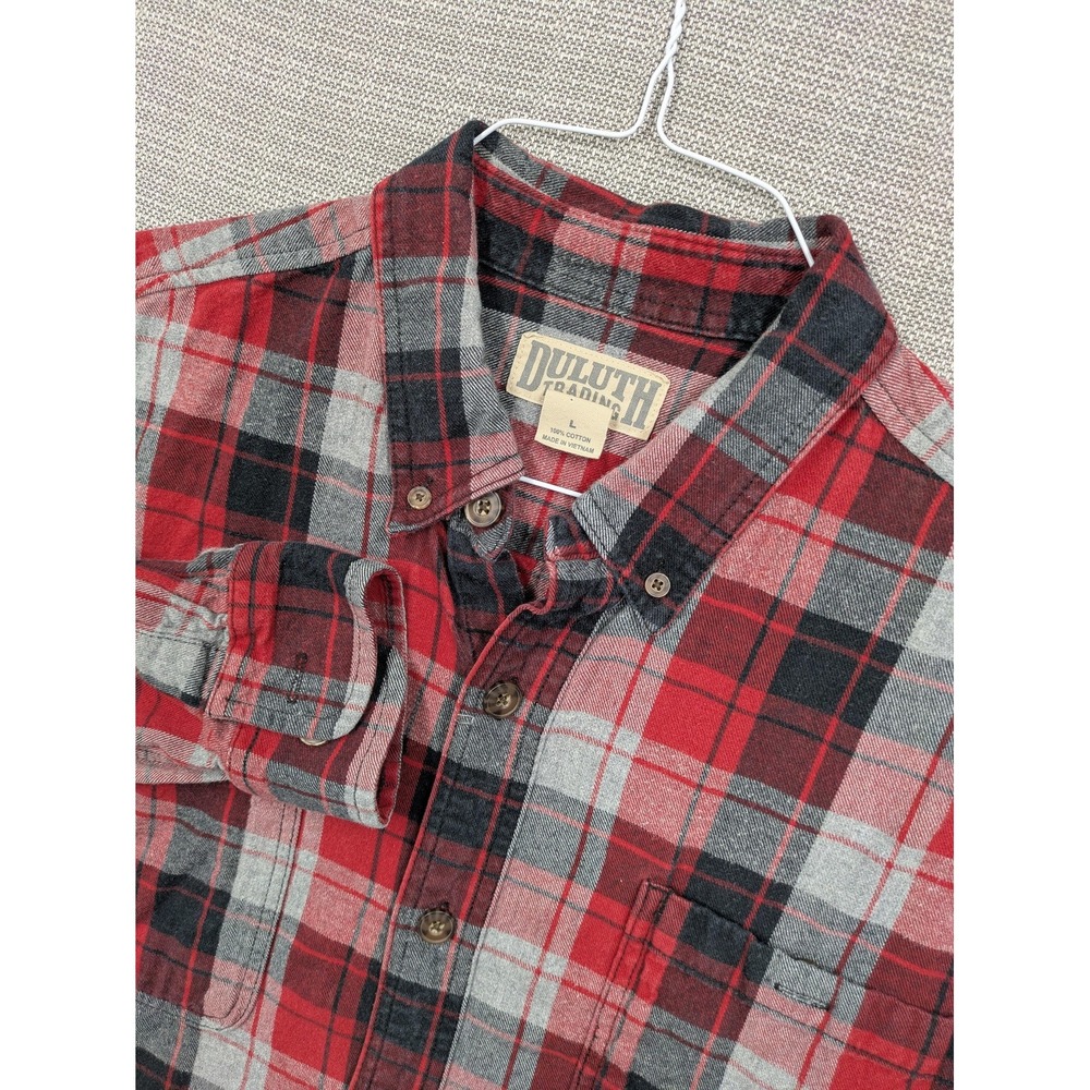 Duluth Trading Co Shirt Mens Large Red Gray Plaid Flannel Button Up Casual